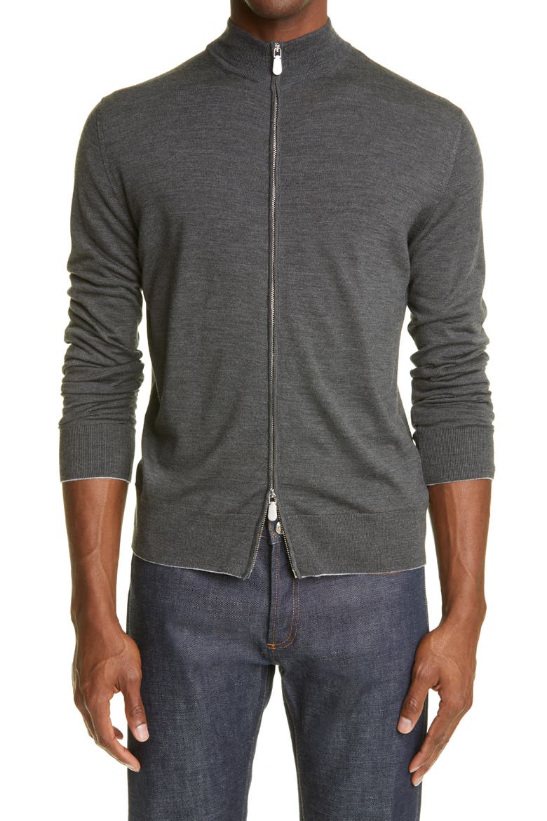 Zip Front Merino Wool & Silk Sweater, Main, color, MEDIUM GRAY MELANGE