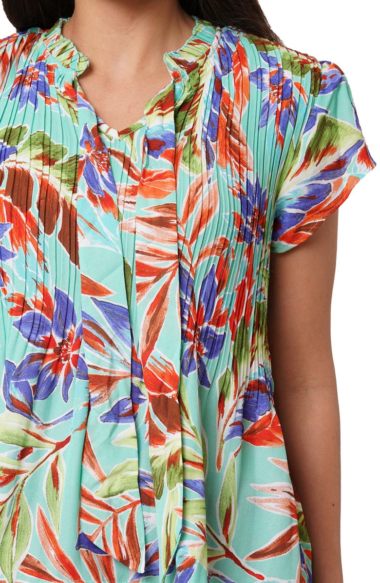 SUNNY LEIGH Pleated Tie Neck Short Sleeve Top, Alternate, color, Tropical Daydream