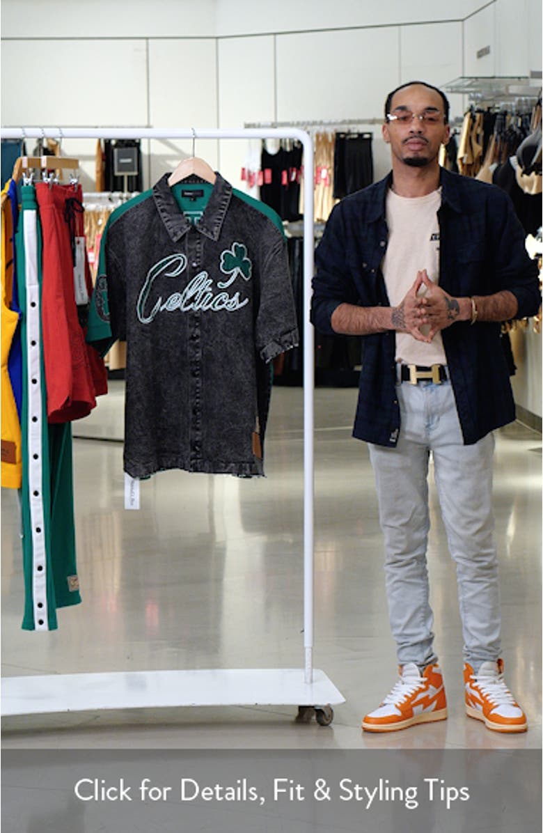 Boston Celtics Mixed Media Short Sleeve Snap-Up Graphic Shirt, sales video thumbnail