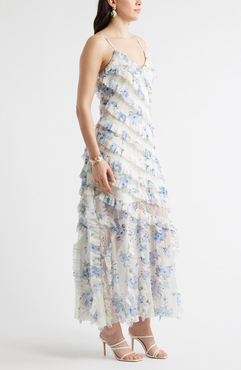 Chelsea28 Ruffle & Lace Sleeveless Maxi Dress, Alternate, color, Blue Floral