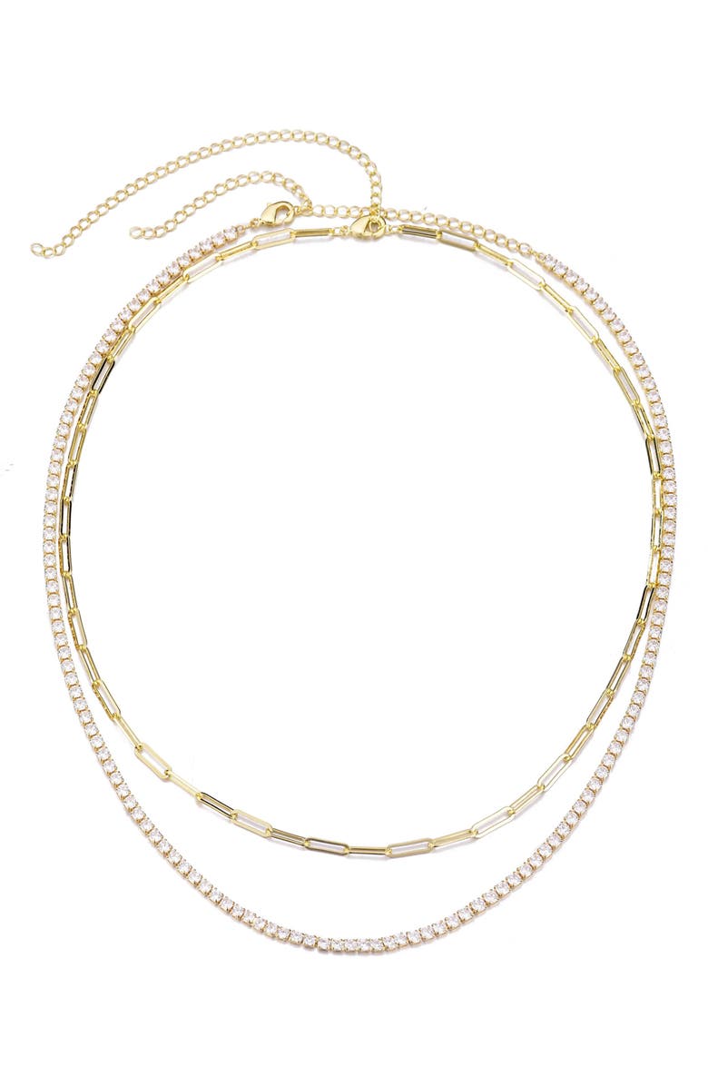 Adornia Layered Paper Clip Chain & Crystal Tennis Necklace, Alternate, color, Gold