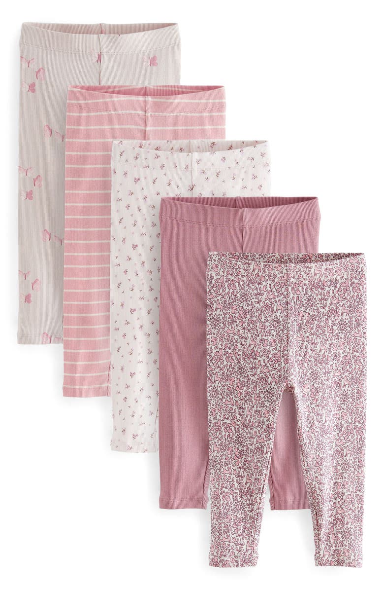 NEXT Kids' Assorted Floral 5-Pack Rib Leggings, Main, color, Pink