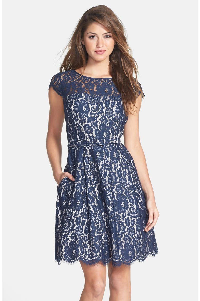 Lace Fit & Flare Dress, Main, color, NAVY