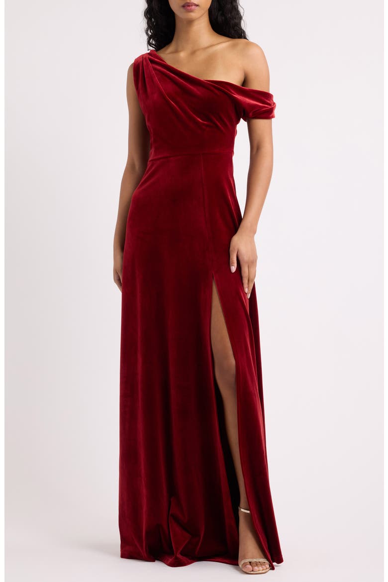 Anya Draped One-Shoulder Velvet Gown, Main, color, BRICK RED