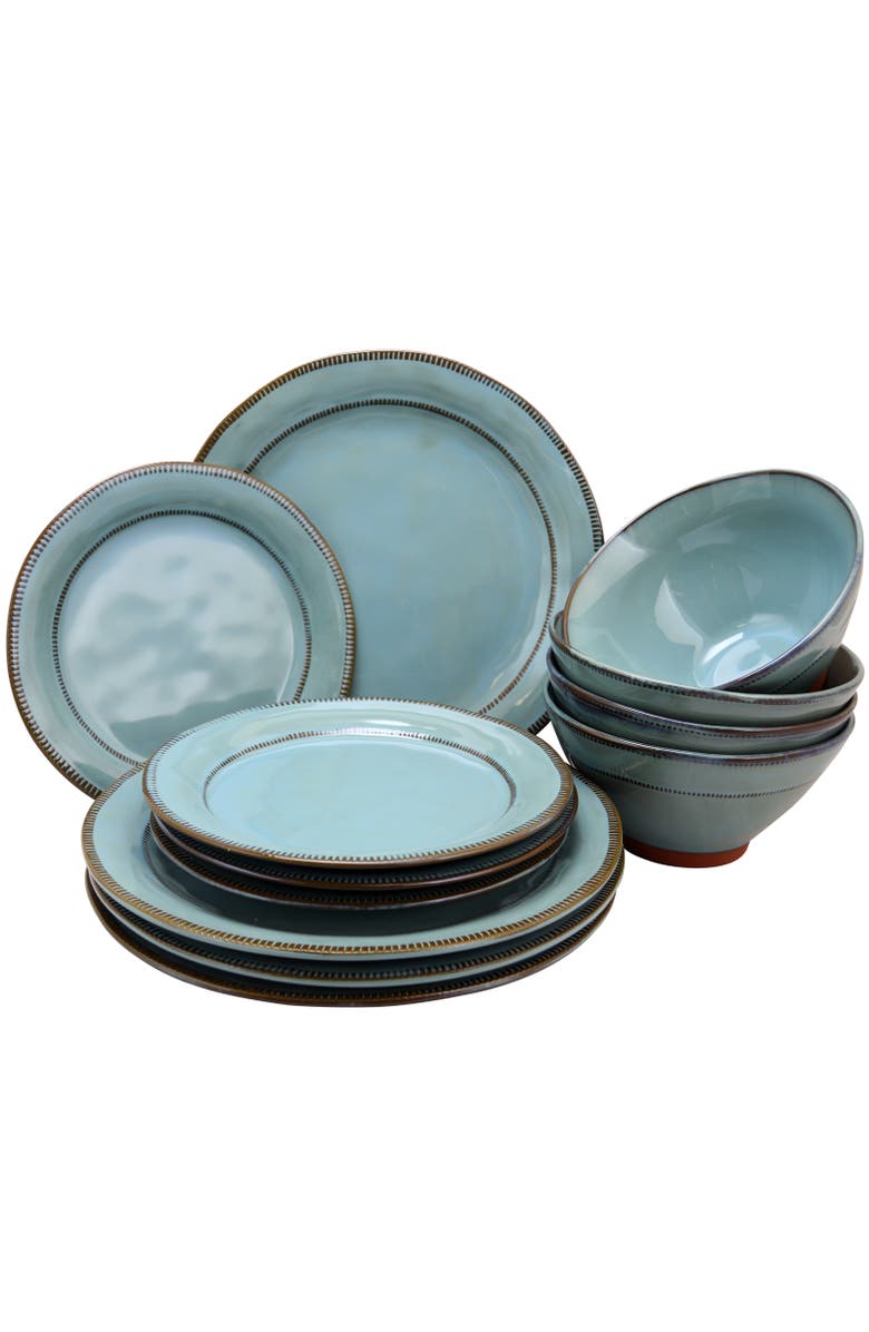 Gibson Elite Terranea 12 Piece Round Terracotta Dinnerware Set, Alternate, color, Blue