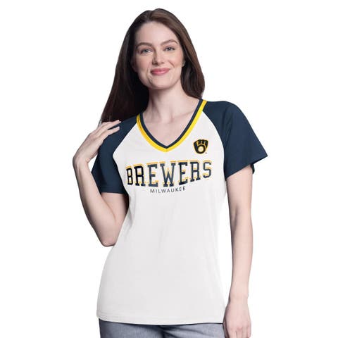 Women's G-III 4Her by Carl Banks  White/Navy Milwaukee Brewers Ball Park Raglan V-Neck T-Shirt