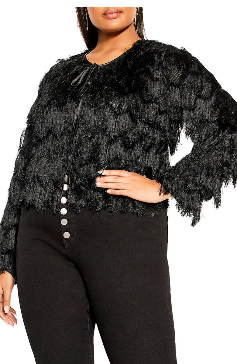 City Chic Spring Fling Chevron Fringe Crop Jacket, Main, color,