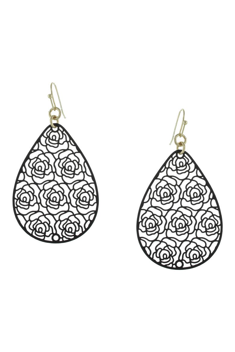 Leda Rosette Drop Earrings, Main, color, WORN GOLD / BLACK