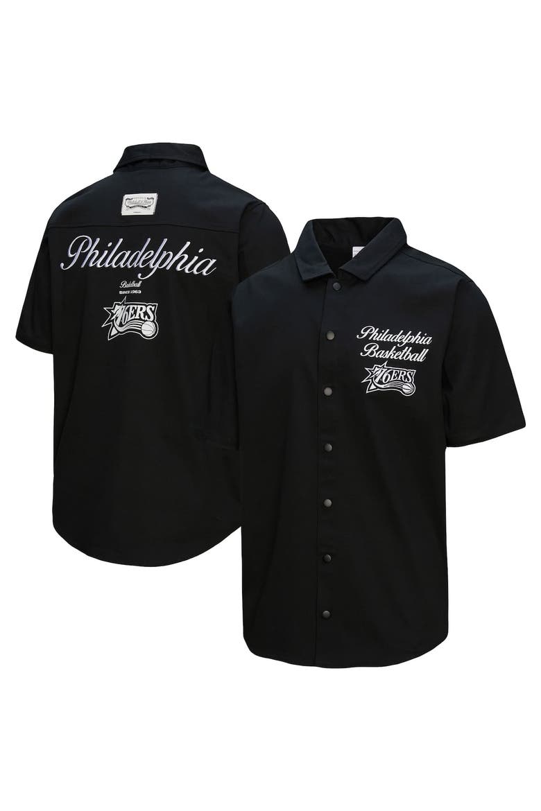 Men's Mitchell & Ness Black Philadelphia 76ers Hardwood Classics Camp Shirt, Alternate, color, Black