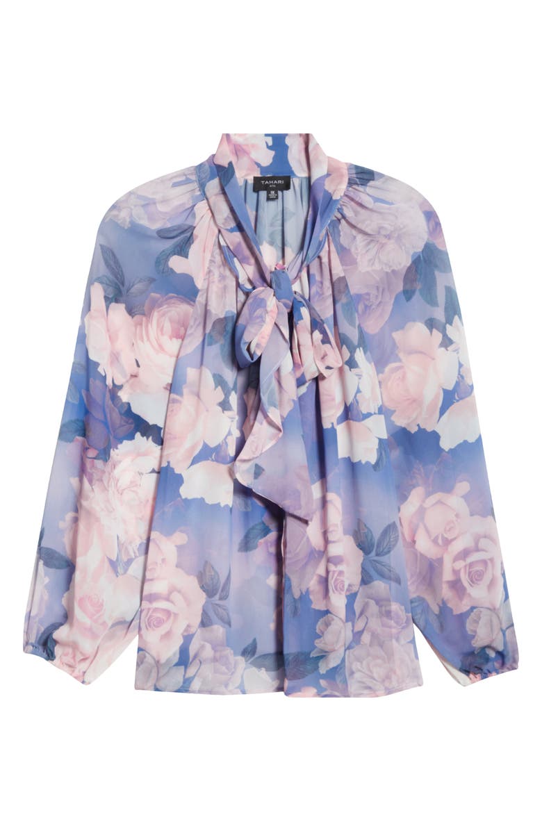 Tahari ASL Printed Ruffle Top, Alternate, color, Blue Petal Floral