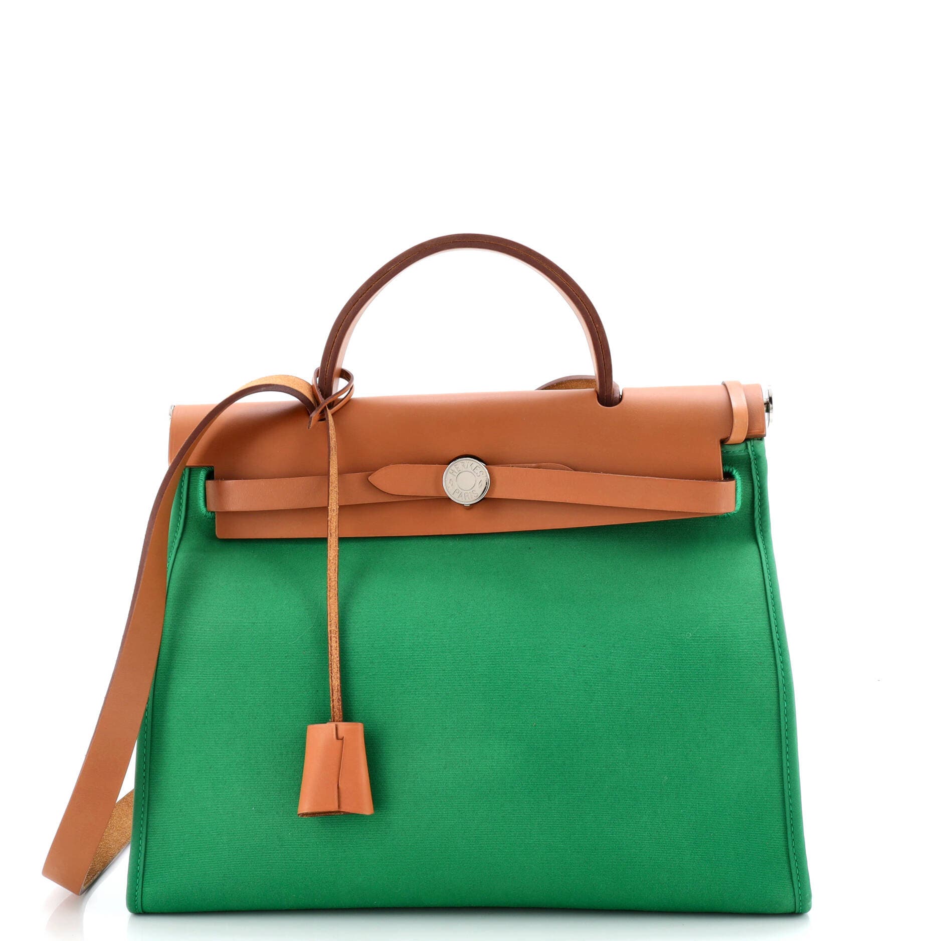 Pre-Owned Hermes Herbag Zip Leather and Toile 31, Main, color, Green