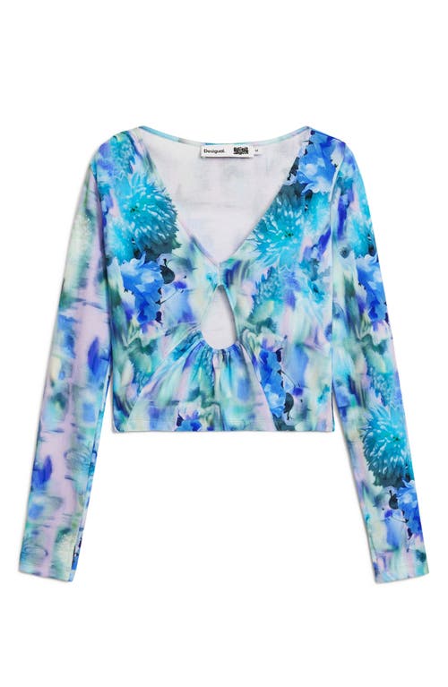 Desigual Floral Rib Cotton Top In Blue