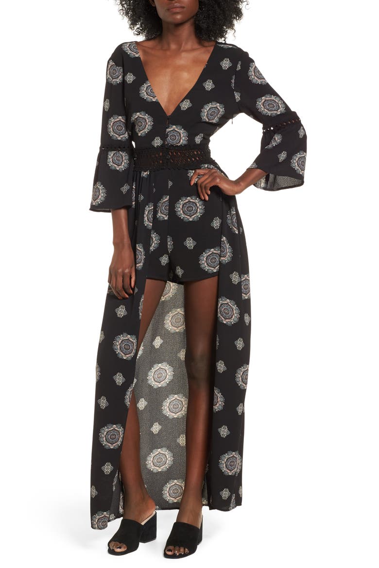 Print Maxi Romper, Main, color, BLACK PRINT