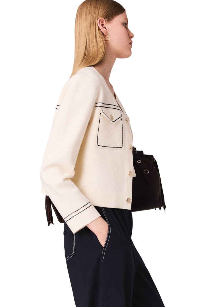 Topstitched cropped cardigan, Alternate, color, Ecru