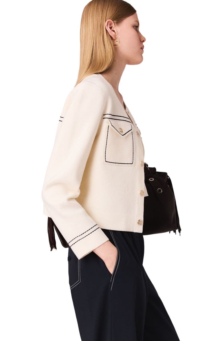 maje Topstitched cropped cardigan, Alternate, color,