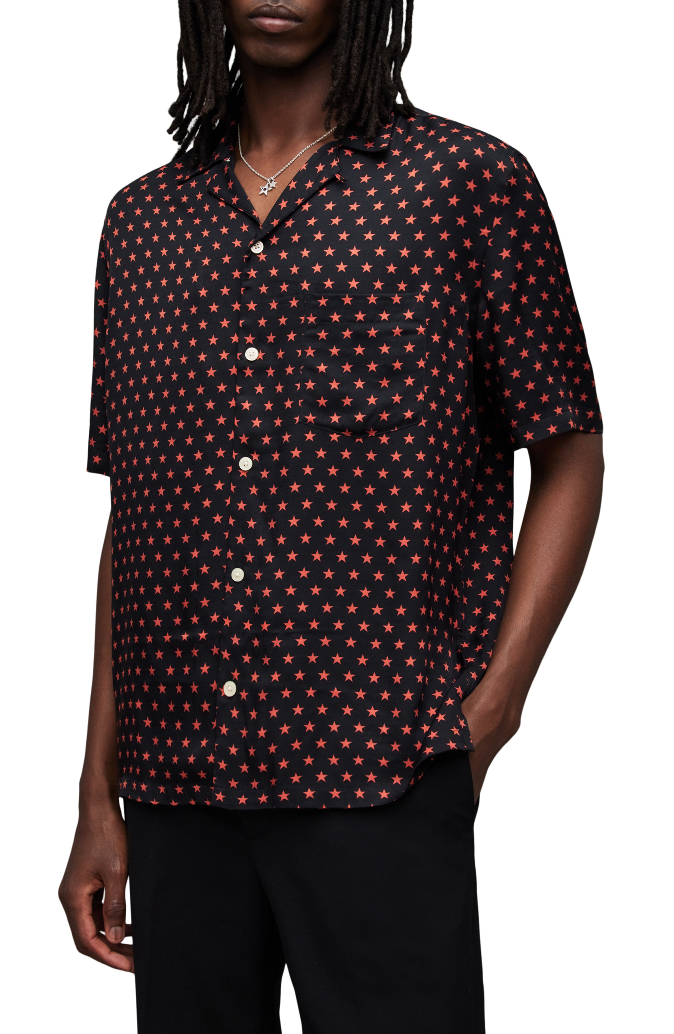 AllSaints Stellar Mass Relaxed Fit Star Print Camp Shirt