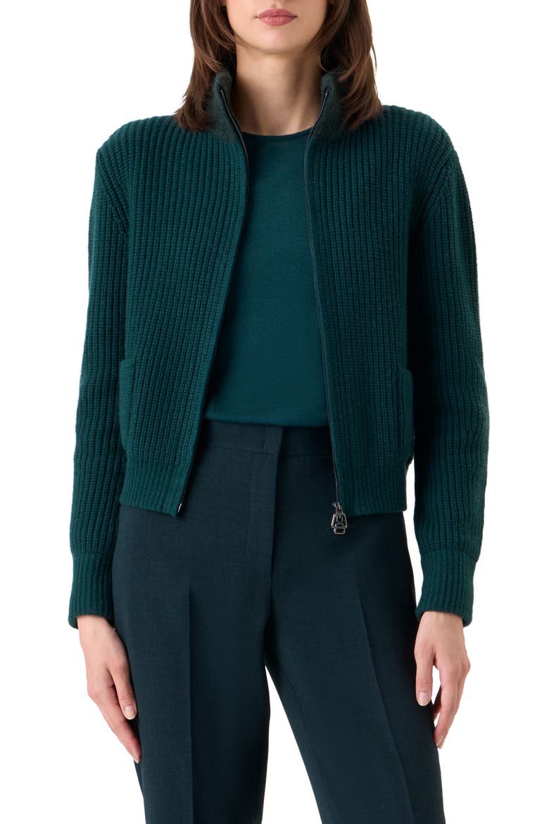 Virgin Wool, Cashmere & Silk Rib Zip Cardigan, Main, color, FOREST GREEN