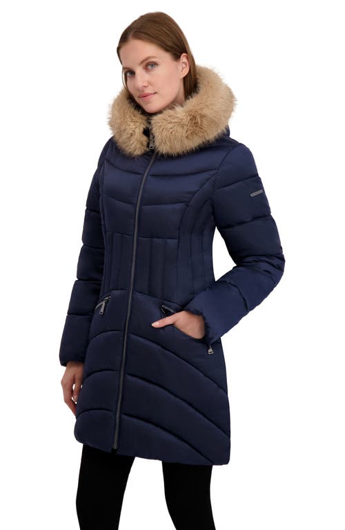 Laundry By Shelli Segal Puffer Jacket With Faux Fur Trim Hood In Blue