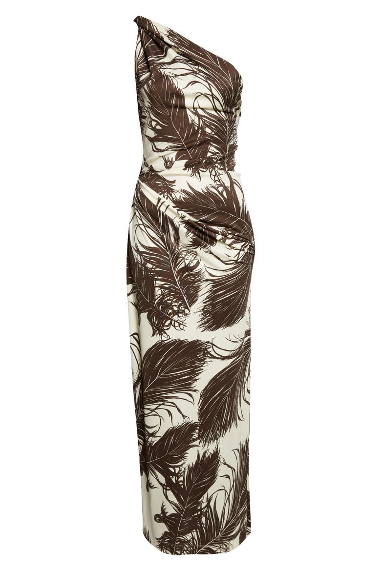 Feather Print One Shoulder Dress, Alternate, color, DARK BROWN/ ECRU
