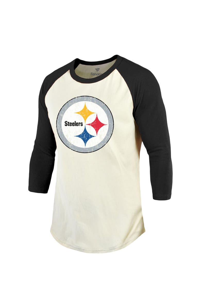 Majestic Threads Men's Fanatics Branded Ben Roethlisberger Cream/Black Pittsburgh Steelers Player Name & Number Raglan 3/4-Sleeve T-Shirt, Alternate, color, 