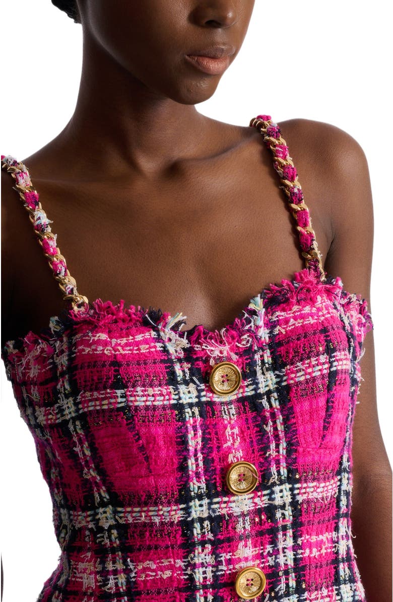 Balmain Plaid dress with chain straps, Alternate, color, Pink