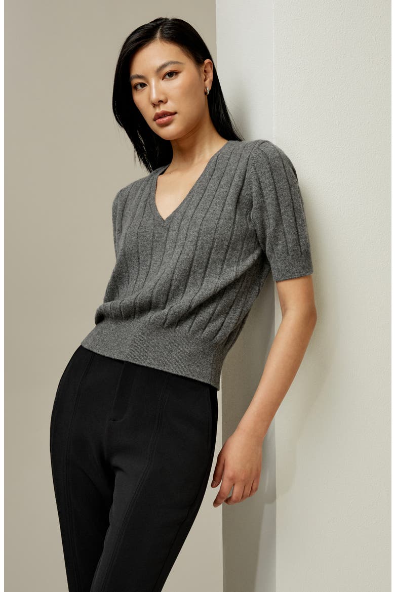 Women's V-Neck Cashmere T-shirt, Alternate, color, Medium Gray