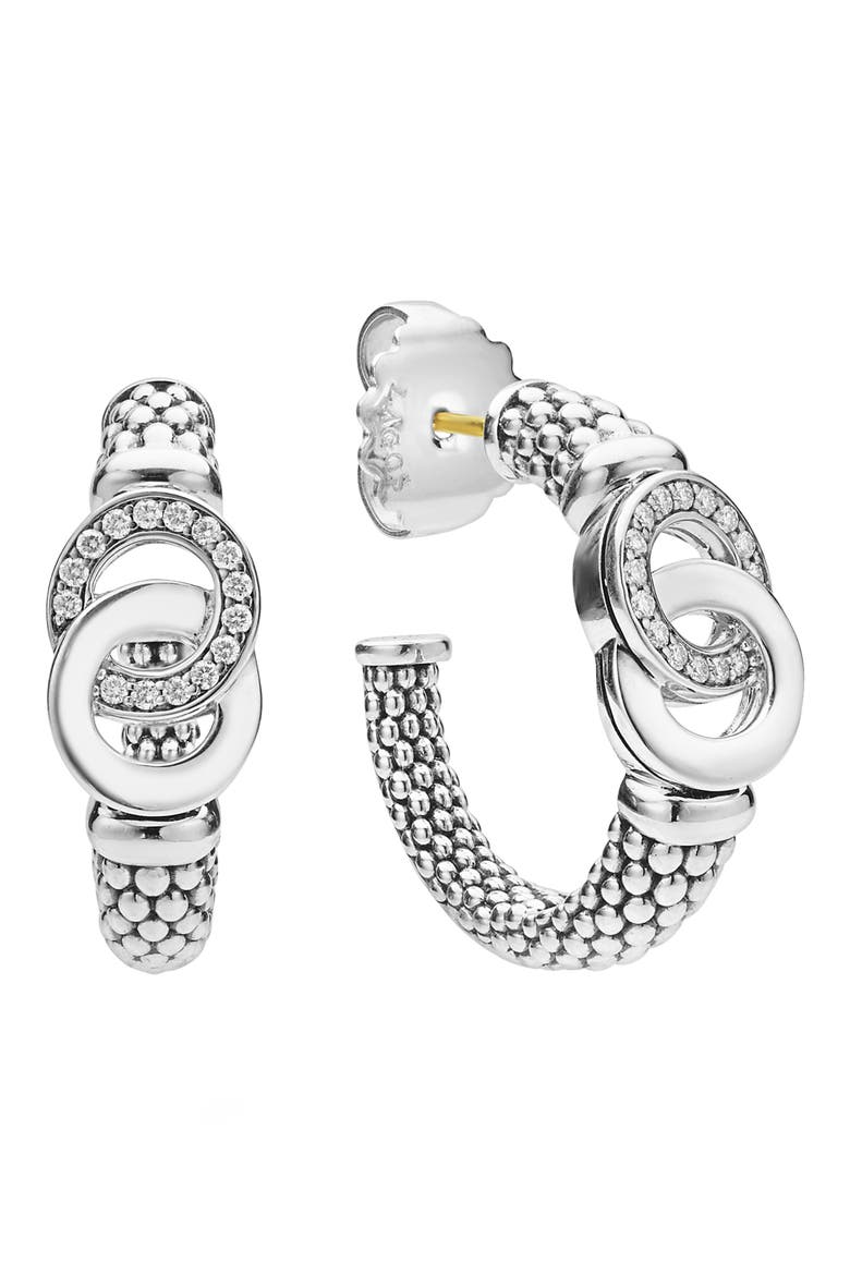 Signature Caviar Interlocking Diamond Hoop Earrings, Alternate, color, SILVER