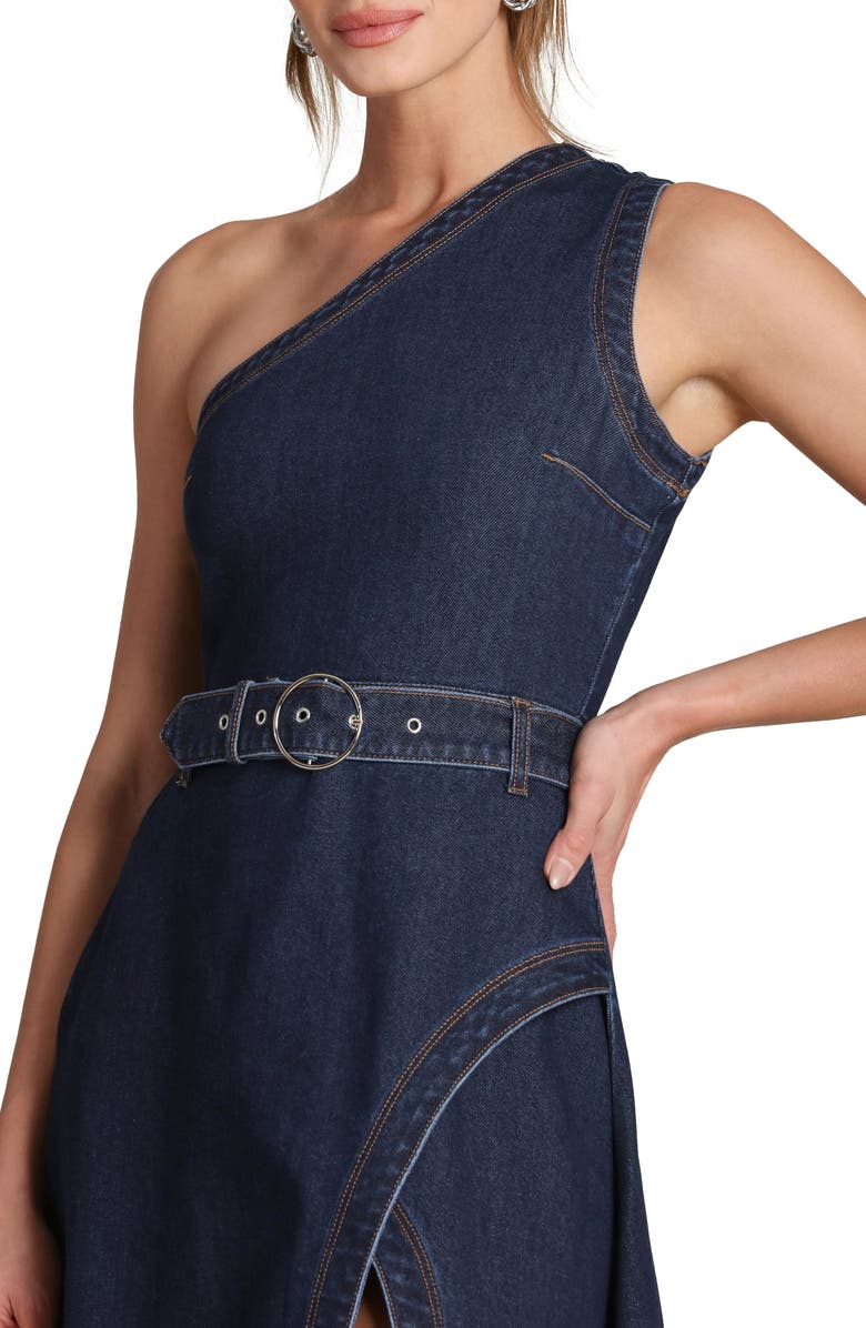 Avec Les Filles One-Shoulder Denim Midi Dress, Alternate, color, Royal Rinse