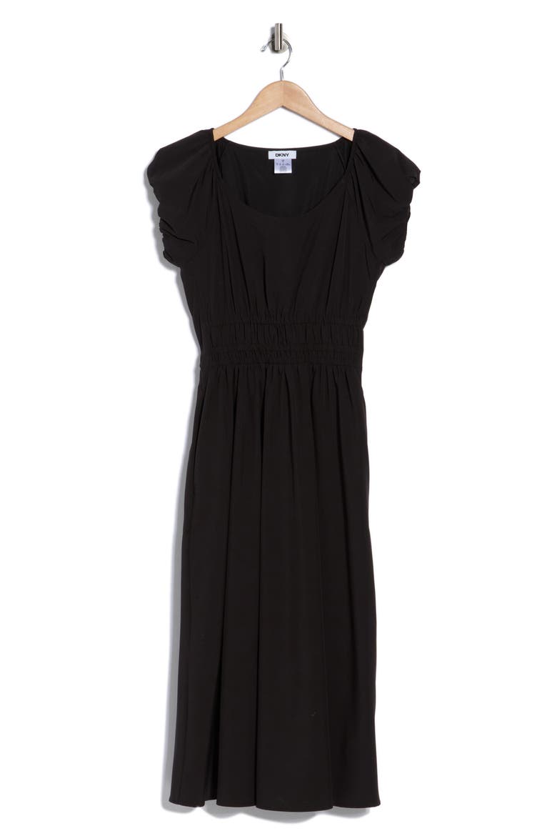 Puff Sleeve Fit & Flare Midi Dress, Alternate, color, BLACK