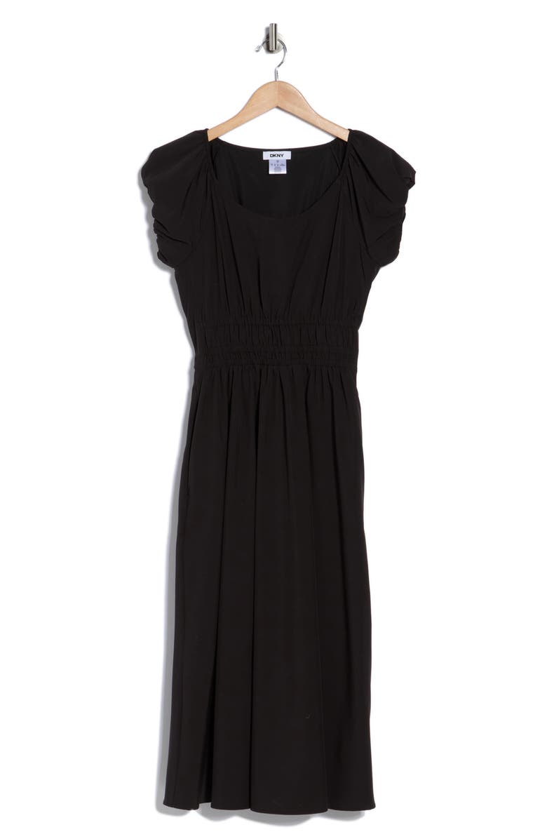 DKNY Puff Sleeve Fit & Flare Midi Dress, Main, color, Black