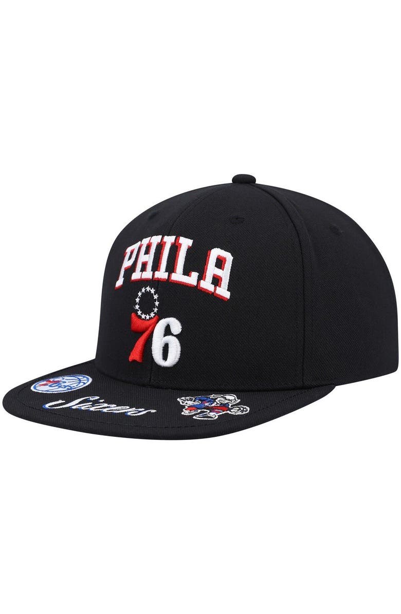 Mitchell & Ness Men's Mitchell & Ness Black Philadelphia 76ers Front Loaded Snapback Hat, Main, color, 