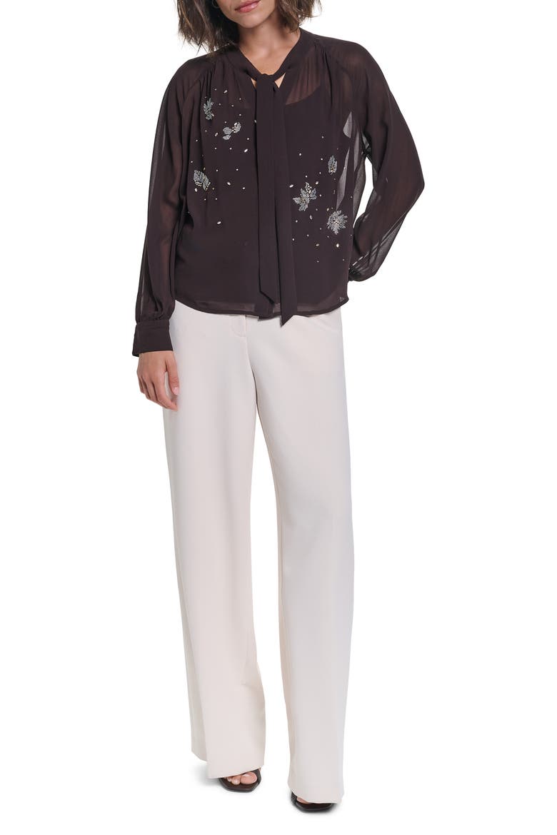 Beaded Chiffon Top with Tie Neck, Alternate, color, CHOCOLATE