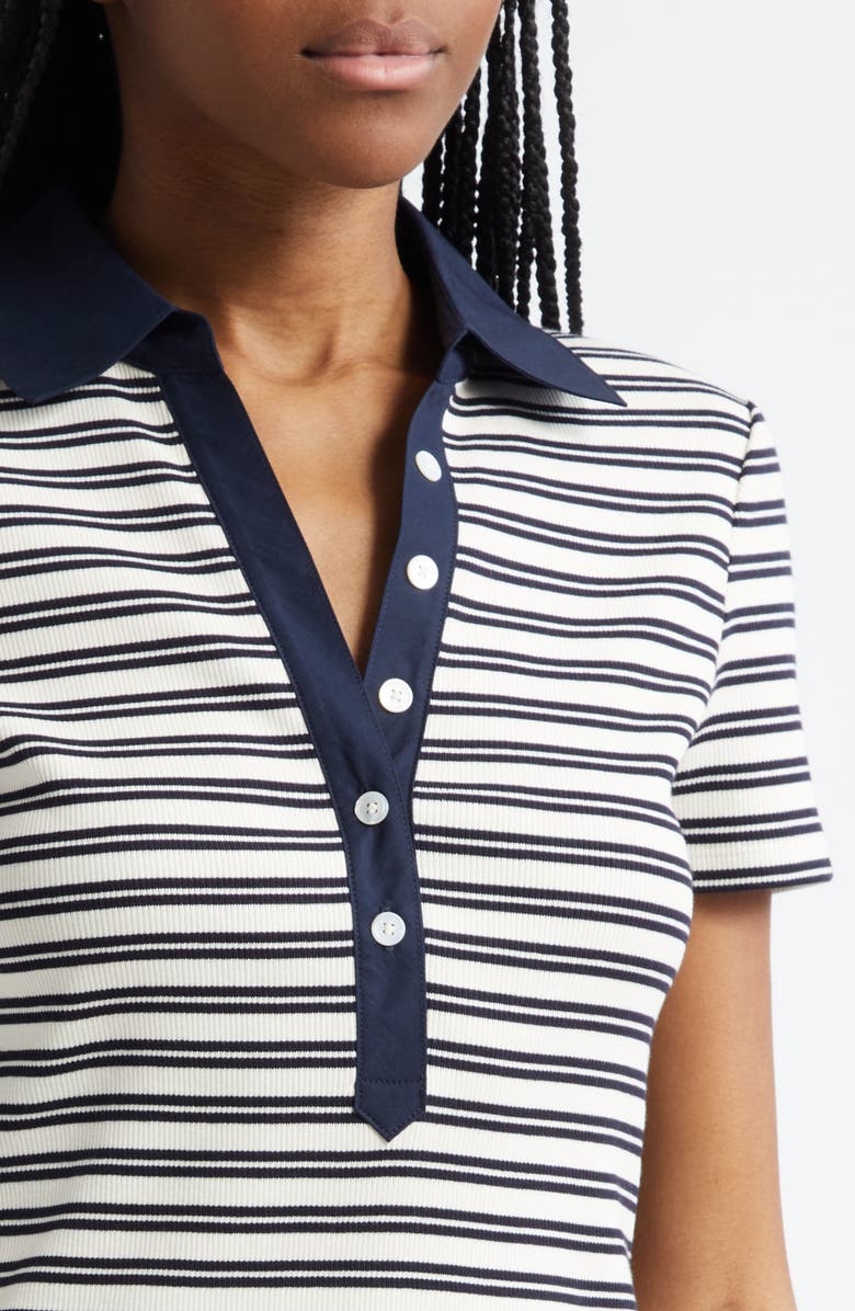 Veronica Beard Kearney Stripe Rib Stretch Cotton Polo, Alternate, color, Ecru/ Navy