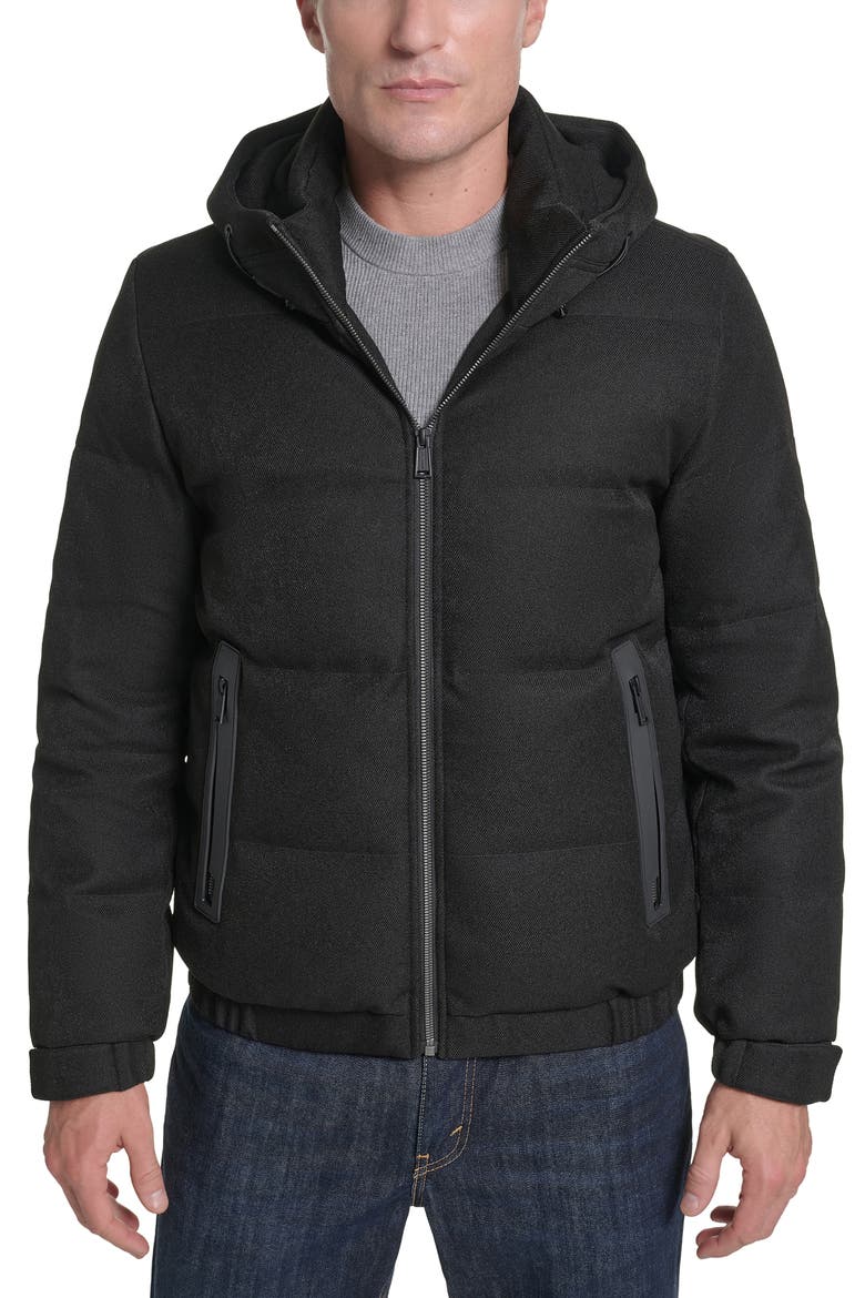 Stretch Twill Down and Feather Fill Puffer Jacket, Main, color, BLACK
