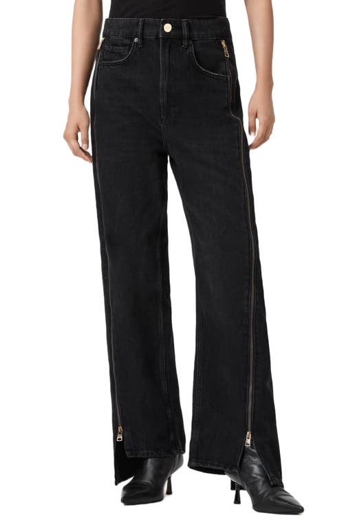 Allsaints Frankie Side Zip Detail Step Hem Wide Leg Jeans In Black
