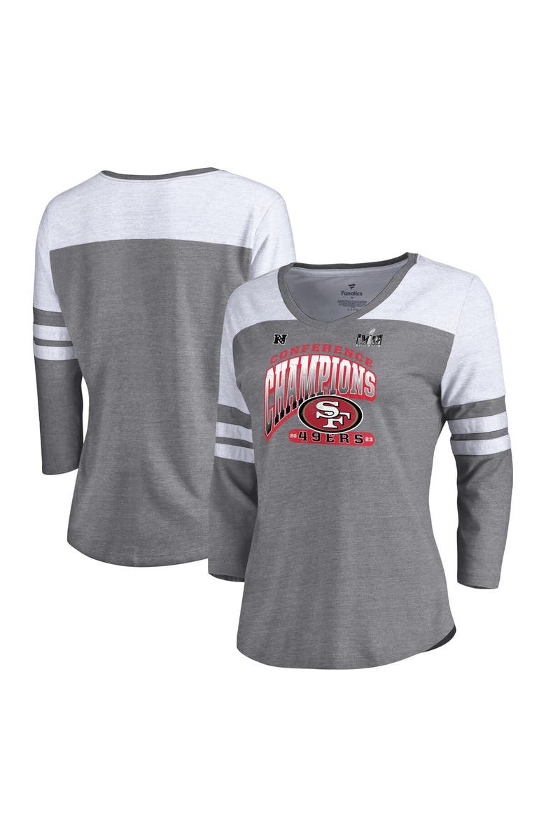 FANATICS Women's Fanatics Branded  Heather Gray San Francisco 49ers 2023 NFC Champions Hail Mary Tri-Blend 3/4-Sleeve V-Neck T-Shirt, Main, color, 