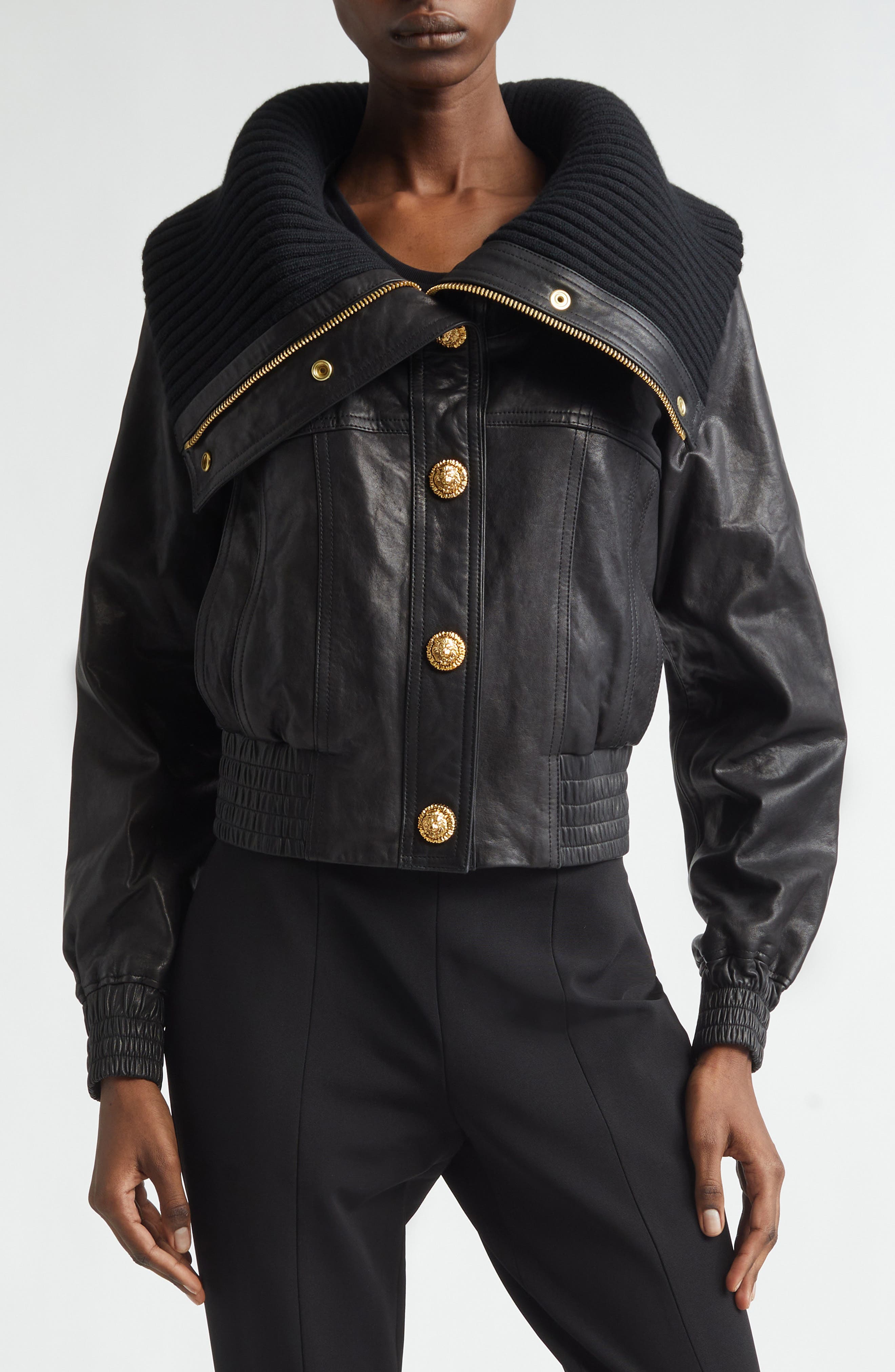 Knit Collar Lambskin Leather Bomber Jacket