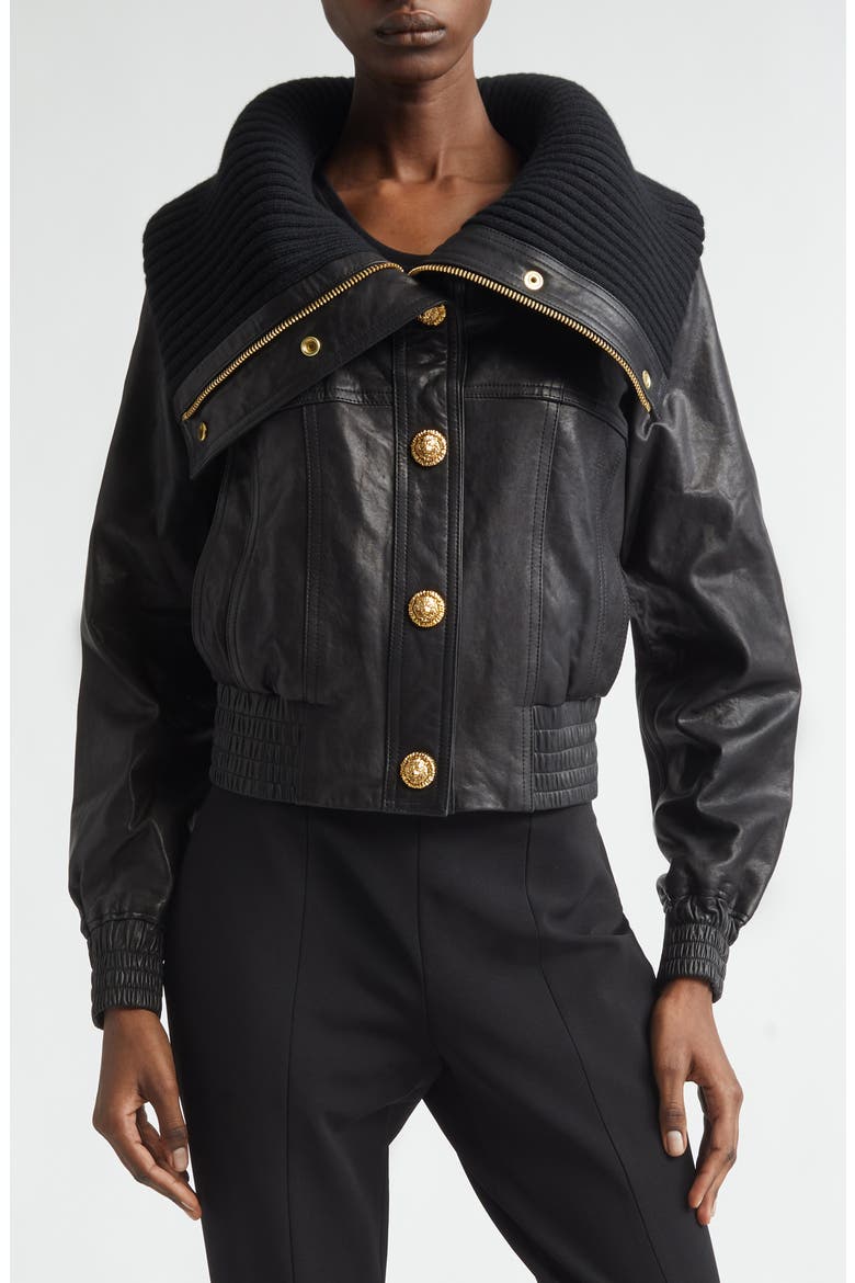 Knit Collar Lambskin Leather Bomber Jacket, Main, color, 0PA BLACK