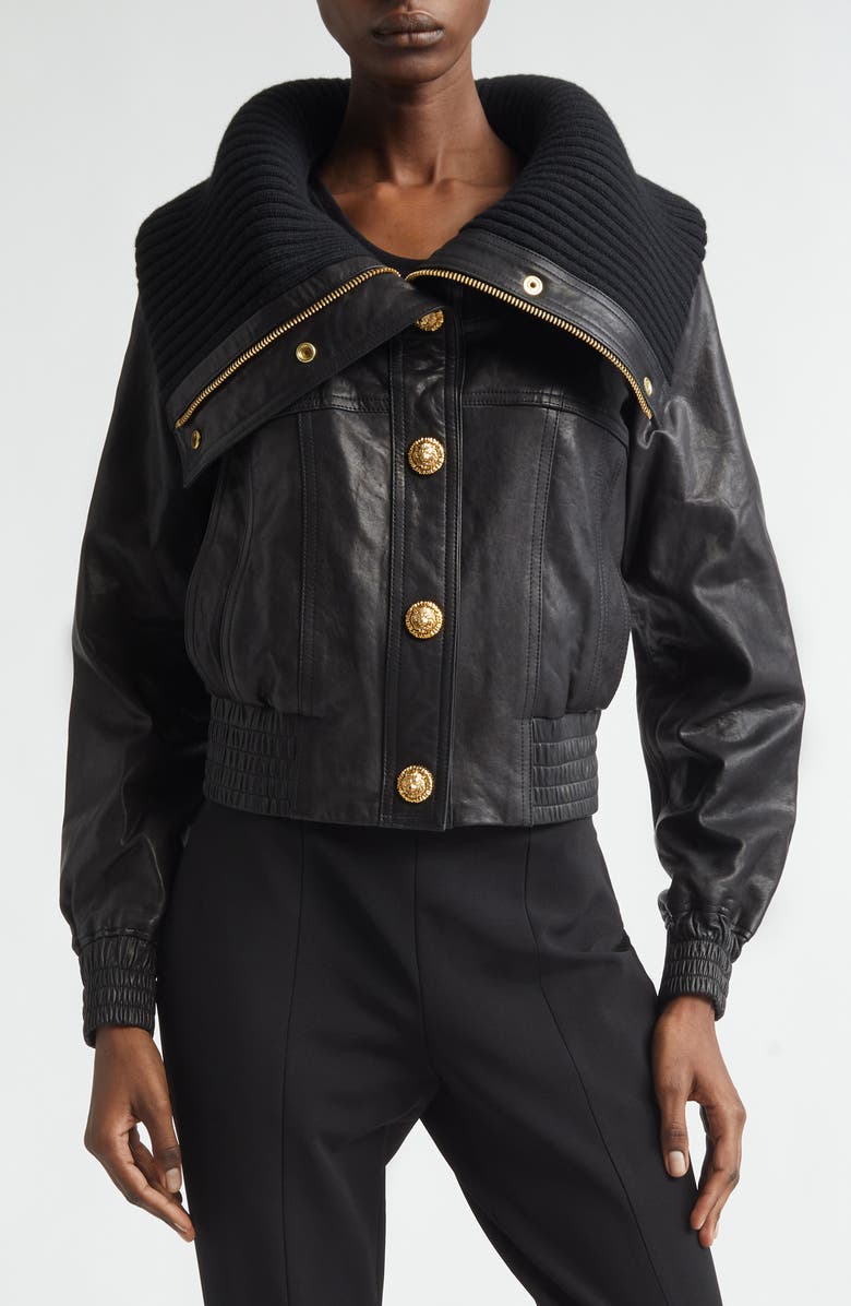 Balmain Knit Collar Lambskin Leather Bomber Jacket, Main, color, 0Pa Black