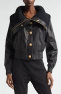 Balmain Knit Collar Lambskin Leather Bomber Jacket