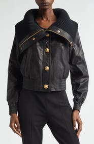 Balmain Knit Collar Lambskin Leather Bomber Jacket