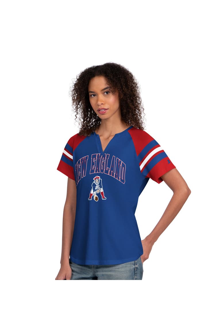 Women's Starter  Royal New England Patriots Game On Notch Neck Raglan T-Shirt, Main, color, Royal