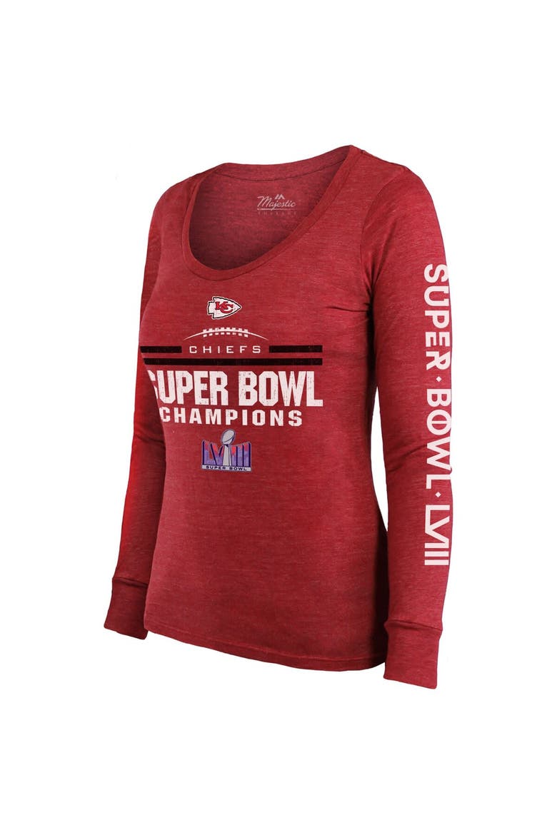 Women's Majestic Threads  Red Kansas City Chiefs Super Bowl LVIII Champions Goal Line Stand Scoop Neck Tri-Blend Light Weight Long Sleeve T-Shirt, Alternate, color, Red