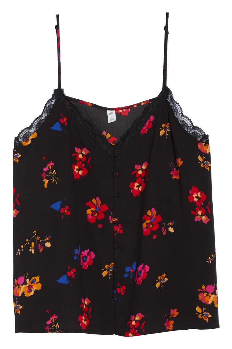 Print Lace Trim Camisole, Alternate, color, BLACK FLAT FLORAL