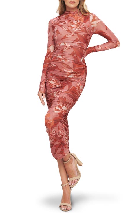 Floral Long Sleeve Ruched Mesh Body-Con Dress