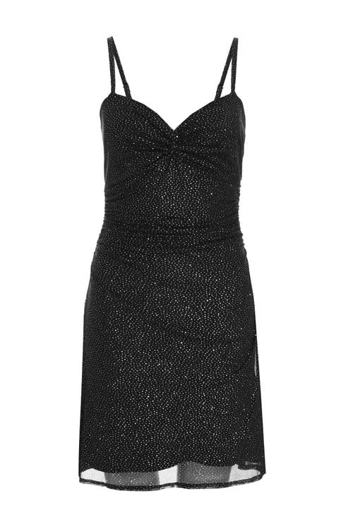Quiz Glitter Mesh Knot Front Mini Dress In Black