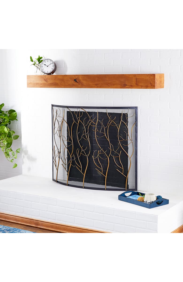 WILLOW ROW Brasstone Metal Single Panel Tree Fireplace Screen with Mesh Netting, Alternate, color, Brass