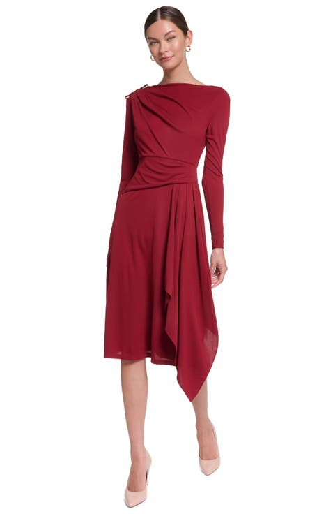 Long Sleeve Draped Jersey Dress with Hardware
