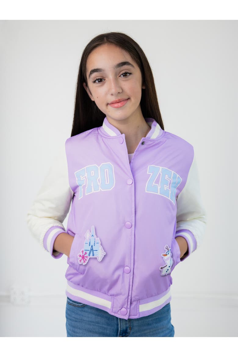 Frozen Varsity Bomber Jacket, Alternate, color, Lavender Anna Elsa