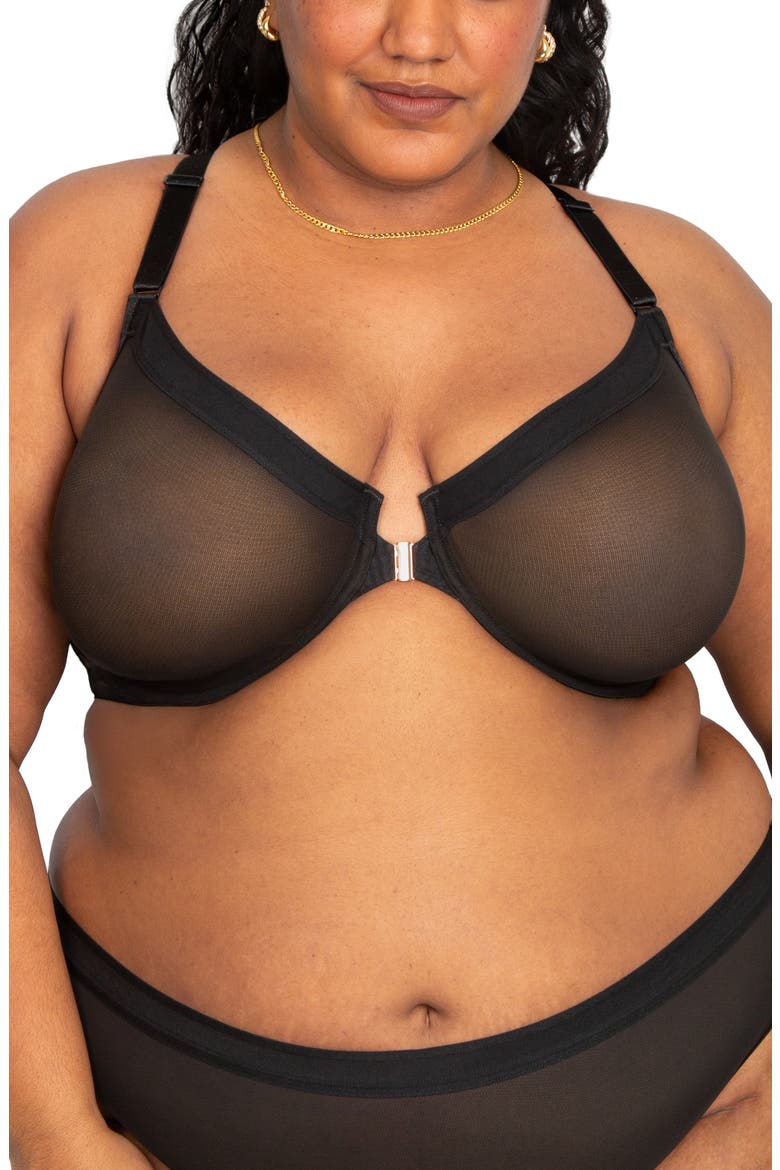 Sheer Mesh Front Clasp Racerback Underwire Bra, Alternate, color, BLACK HUE